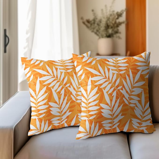 Fall Leaf Pillow Covers 24x24 Set of 2 Orange White Seasonal Autumn Leaves Rustic Decorative Square Throw Pillows Outdoor Pillowcase Farmhouse Linen Cushion Case Decor for Home Sofa Couch Bed