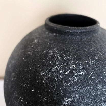 Handmade Large Rustic Ceramic Vase 10.6 inches Tall, Farmhouse Stone Decor, Big Black Round Vase Living Room Home Decor, Earthy Textured Large Vases for Centerpieces Console Table