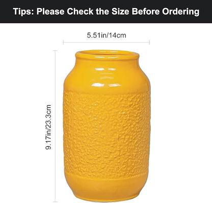 9 Inch Yellow Ceramic Vase for Flowers - Textured Mustard Round Cylinder Flower Vase - Modern Decorative Pottery - Boho Home Decor Centerpiece for Table, Bookshelf, Mantle, Fall Decoration