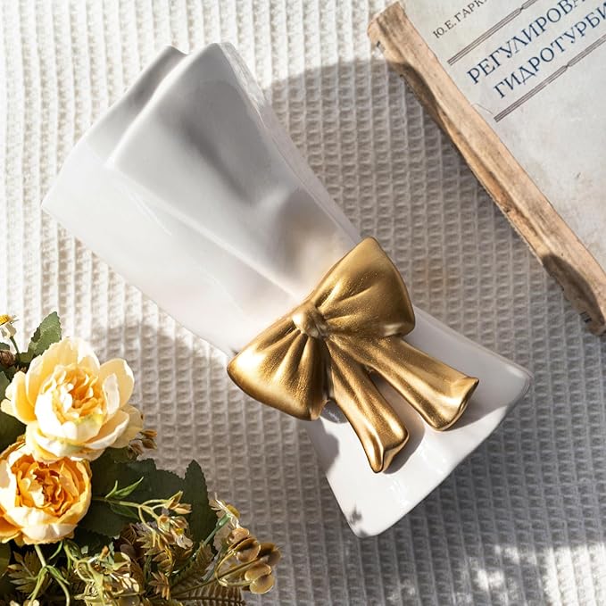 Fully Glazed White Ceramic Gold Bow Vase 9.64 in Unique Cute Modern Decorative Bouquet Flower Vases for Home Living Room Table Valentine's Day Decor Women Girl Gifts