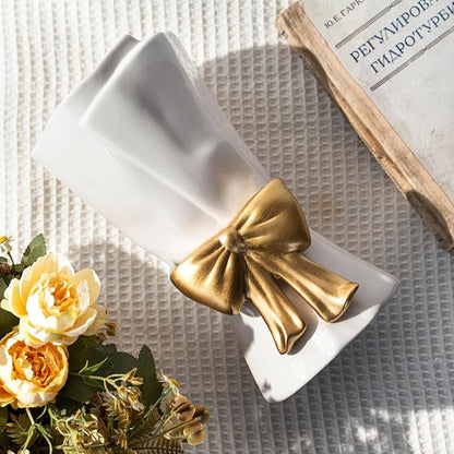 Fully Glazed White Ceramic Gold Bow Vase 9.64 in Unique Cute Modern Decorative Bouquet Flower Vases for Home Living Room Table Valentine's Day Decor Women Girl Gifts