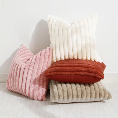 decorUhome Faux Fur Spring Throw Pillow Covers 20x20 Set of 2, Decorative Soft Plush Striped Neutral Couch Pillow Covers with Velvet Back for Sofa, Bed, Living Room Home, Rust