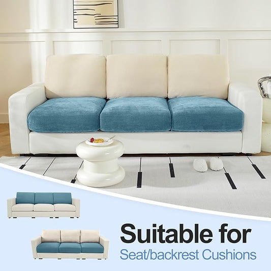 Couch Cushion Covers Individual Large Super Stretch Chenille (Softer Version) Sofa Cushion Covers, Couch Seat Covers Couch Slipcovers Furniture Protector (3PC, Blue)