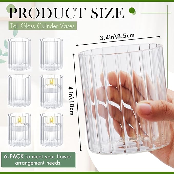 6 Pcs 4 Inch Tall Glass Ribbed Cylinder Vases Clear Floating Candle Flower Vase in Bulk, Hurricane Candle Holder for Wedding Housewarming Gift Table Centerpieces