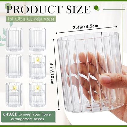 6 Pcs 4 Inch Tall Glass Ribbed Cylinder Vases Clear Floating Candle Flower Vase in Bulk, Hurricane Candle Holder for Wedding Housewarming Gift Table Centerpieces