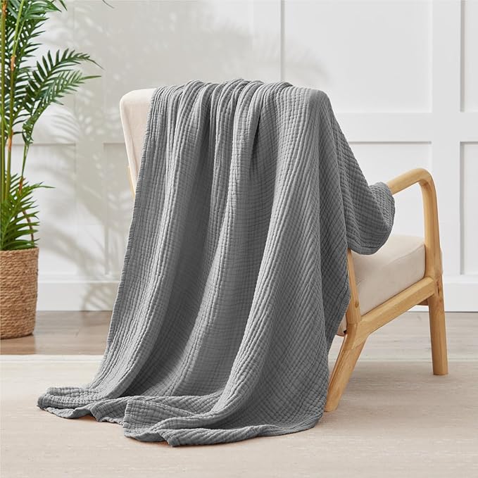 100% Cotton Muslin Blanket Large 50" x 70", 6 Layers Breathable and Lightweight Cotton Throw Blanket for Bed and Couch, Soft Quilt Bedspread, Gauze Blanket for Adults All Season, Grey