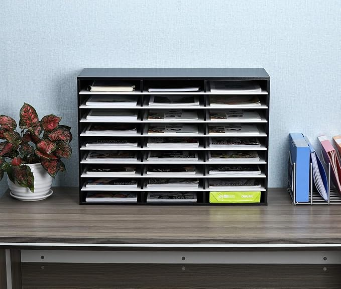 EasyPAG Mail Organizer Countertop, Wood Literature Organizer with Adjustable Shelves, Student Classroom Mailbox for School, Desktop Paper Sorter for Office Home, 27 Compartments, Black/White