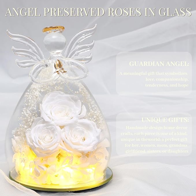 Beferr Valentines Day Rose Gifts for Her Women Mom Gifts for Birthday, Fresh Flowers for Delivery Prime Forever Preserved Rose in Glass Angel Figurine, for Grandma Wife Kids Daughter