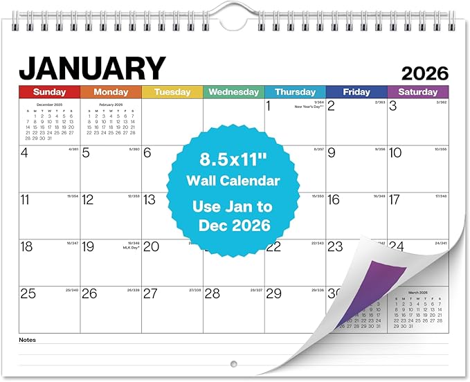 Dunwell 8.5x11" Wall Calendar 2026 (Colorful), Use January to December 2026, Hang on Wall or Use as 8.5 x 11 Office Desk Calendar