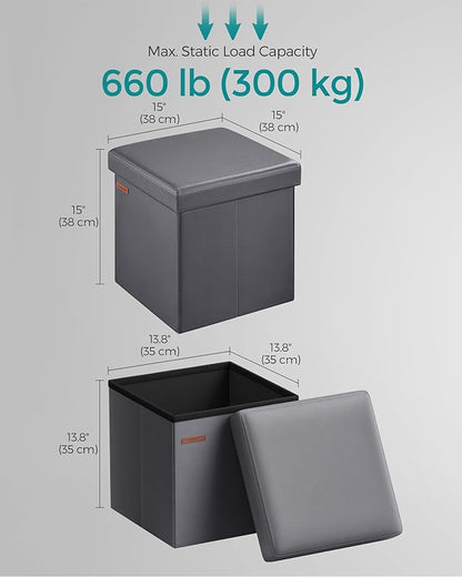 SONGMICS Mazie Collection - 15 Inches Ottoman with Storage, Footstool, Storage Ottoman, Load 660 lb, for Dorm, Living Room, Bedroom, Synthetic Leather, Dark Gray ULSF010G01