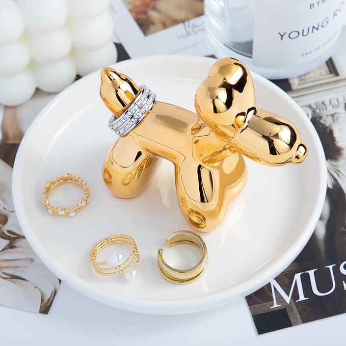 OSOPOLA Ceramic Golden Dog Jewelry Tray - Decorative Ring Holder Dish Key Tray Cute Jewelry Plate Trinket for Earrings,Necklaces,Women,Home Decor,Christmas Birthday Mother's Day Gifts HE02DG