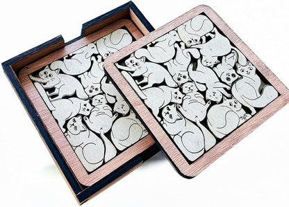 Set of 02 Cats Wooden Puzzle Coasters – Cat Lover Gift, Unique Wood Drink Coasters - Cat Puzzle Coasters - Interlocking Jigsaw Drink Mats with Laser-Cut Design