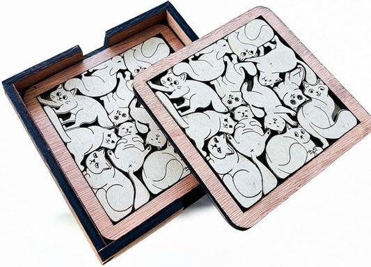 Set of 02 Cats Wooden Puzzle Coasters – Cat Lover Gift, Unique Wood Drink Coasters - Cat Puzzle Coasters - Interlocking Jigsaw Drink Mats with Laser-Cut Design