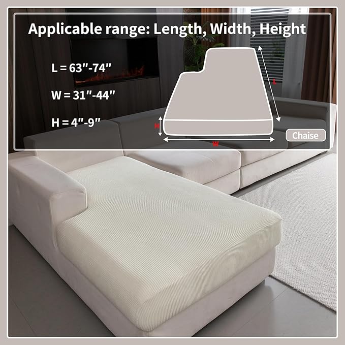 Sectional Couch Covers, Wear Resistant Stretch Sofa Covers Washable Soft Couch Cushion Covers Anti Slip Furniture Protector Sofa Slipcovers for Pets(1 Piece Chaise Cover, Ivory)