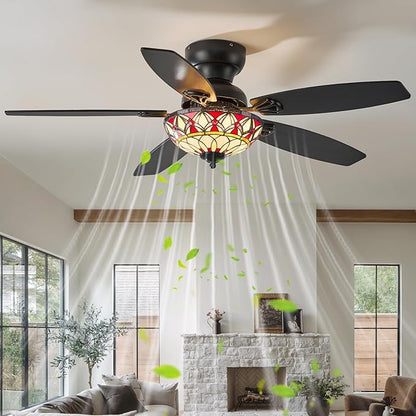 Tiffany Ceiling Fans with Lights - 48" Ceiling Fan Chandelier with 5 Dual-Blades and Glass Shade, 6 Speeds and Reversible, Indoor and Outdoor, Retro Style