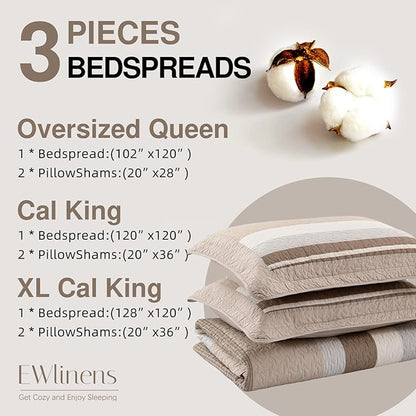 EWlinens 100% Cotton 120"x102" Oversized Queen Bedspread, Farmhouse Striped Patchwork Oversized Queen Quilted Bedspreads Coverlet Set, Extra Large Quilt Bed Spread, 3pcs Bed Blanket, Brown/Gray/White