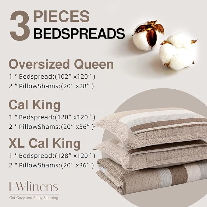EWlinens 100% Cotton 120"x128" Oversized California King Bedspread, Farmhouse Striped Patchwork Oversized Cal King Quilted Bedspreads Coverlet Set, Extra Large Quilt Bed Spread, 3pcs, Brown/Gray/White