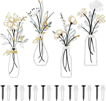 Buseeau 4Pcs Metal Flowers Wall Arts, Rustic Farmhouse Wall Decor Set, Bathroom Wall Art & Metal Wall Art with Included Nails for Bathroom Living Room Dining Room Bedroom, Housewarming Gifts