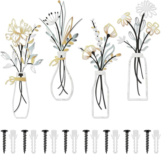 Buseeau 4Pcs Metal Flowers Wall Arts, Rustic Farmhouse Wall Decor Set, Bathroom Wall Art & Metal Wall Art with Included Nails for Bathroom Living Room Dining Room Bedroom, Housewarming Gifts