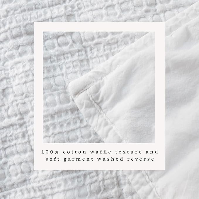 Great Bay Home King Size White 100% Cotton Honeycomb Waffle Quilt and Sham Set - Garment Washed, Waffle Weave Like Texture, Lightweight 3-Piece Bedding Set