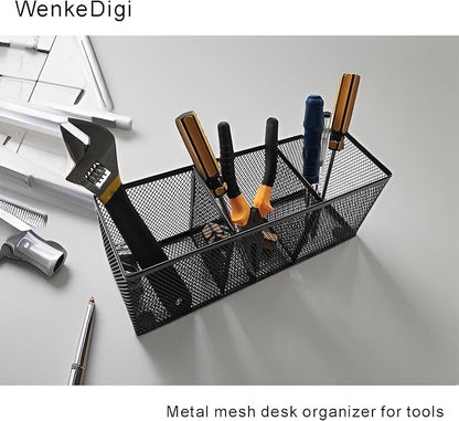 Metal Mesh Pencil Holder, Spacious 3-Compartment Desk Organizer for Pens, Makeup Brushes, Utensils, Multipurpose Office, School ,Kitchen, Home Desktop Storage, 10.43 x 3.35 x 4.04 Inches, Black