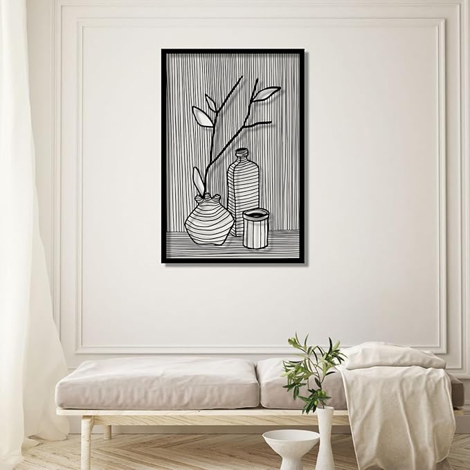 Metal Vertical Abstract Minimalist Modern Wall Art, Vase Metal Wall Decor, Minimalist Art, Abstract Line Wall Decor, Line Art for Living Room Bedroom Decor (White, 30 x 20 inches / 76 x 51 cm, Vase Decoration)