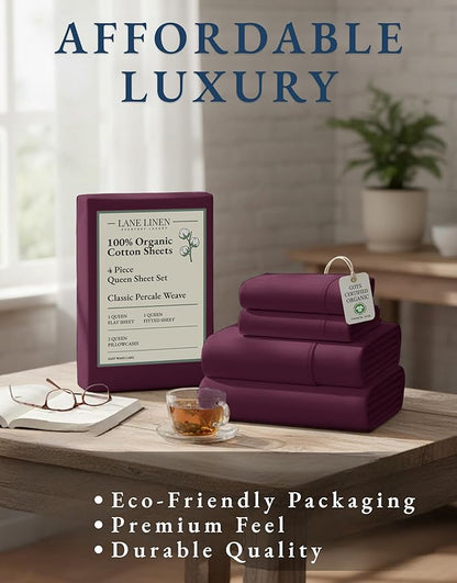 LANE LINEN 100% Organic Cotton Sheets Queen Size, Classic Percale Weave Fully Elasticized Breathable Queen Cotton Sheet Set, Machine Washable Soft & Comfy Queen Sheet Set - Windsor Wine