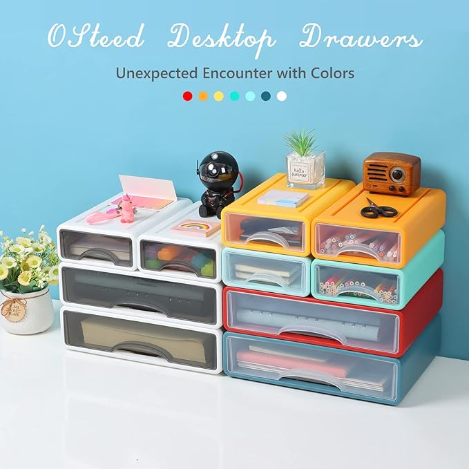White Desktop Drawers for Paper, Stackable Office Storage Drawers for Desk, Craft Organizer and Storage Bins, 4 Mixed Storage Container with Plastic Drawers for Office Supplies Desk accessories