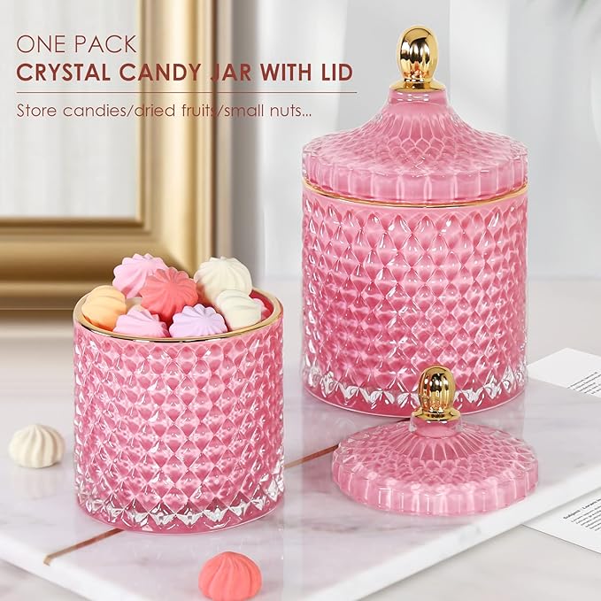 Candy Cookie Jar Candy Dish with Lid, Apothecary Jars with Lids for Bathroom Pink Decor Aesthetic Room Decor， Glass Decorative jar for Storage Cotton Swab or Cotton Rounds (20oz)