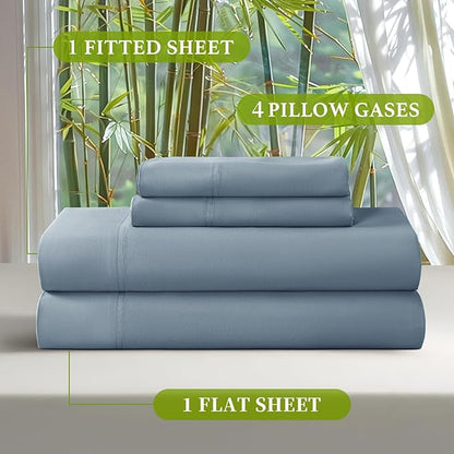 Shilucheng 100% Viscose Derived from Bamboo Queen Size 6pcs Ultra Cooling & Silky Soft Bed Sheets, 16" Deep Pocket, Perfect for Hot Sleepers, Hotel Bedding Sheets (French Blue)