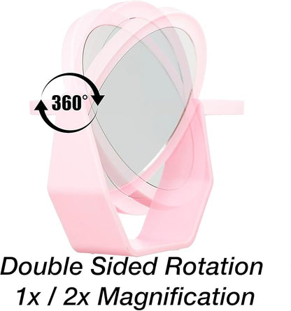 EXPRESSIONS Premium Soft Touch Rotating Mirror with 1x/2x Magnification - Round Pink Vanity Mirror, Handheld or Tabletop Mirror Magnification Makeup Mirror, Small Desk Mirror or Travel Mirror