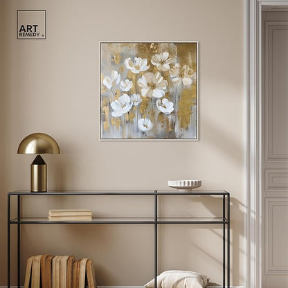Art Remedy Golden Daisies Canvas Elegant White Gold Wall Art, Silver Frame, 24" x 24"