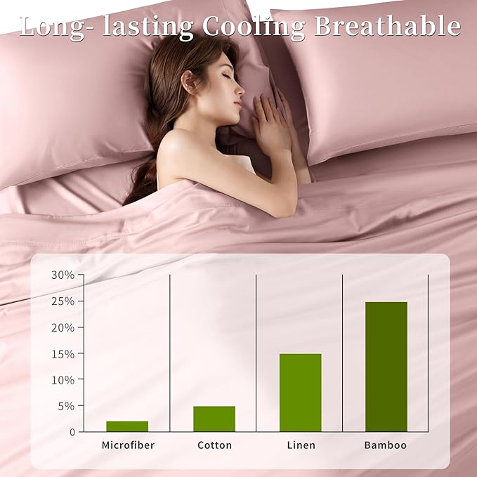Shilucheng 100% Viscose Derived from Bamboo_ Sheets King Size 4pcs - Ultra Cooling & Silky Soft Bed Sheets, 16" Deep Pocket, Perfect for Hot Sleepers, Hotel Bedding Sheets (Light Pink)