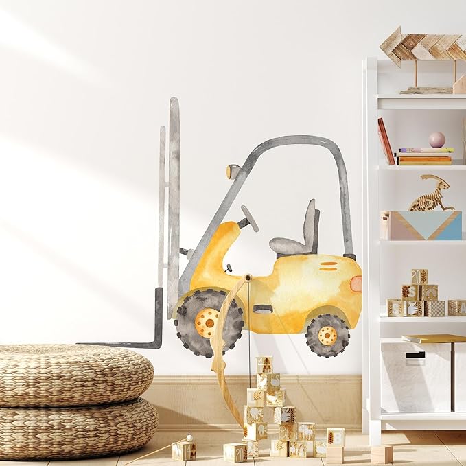 Construction Forklift Wall Decal for Boys Room, Lift Truck Construction Eqipment Peel Stick Removable Fabric Wall Sticker, Nursery or Playroom Decor, Repositionable (16 inch: 14" Tall x 16" Wide)