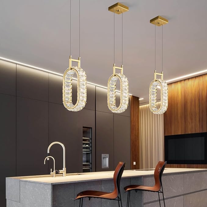 Kitchen Island Mini Light Fixture Modern Led Crystal Pendant Light Gold Oval Chandelier for Dining Room Living Room Kitchen Bedroom Bar（1-Pack