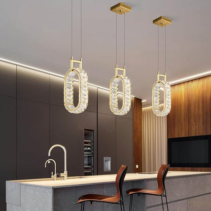 Kitchen Island Mini Light Fixture Modern Led Crystal Pendant Light Gold Oval Chandelier for Dining Room Living Room Kitchen Bedroom Bar（1-Pack