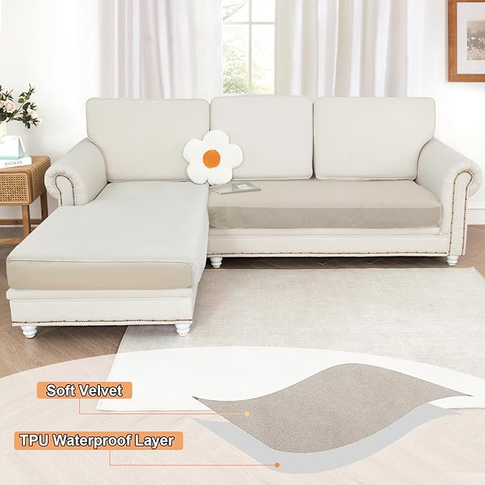 NAISI Waterproof Couch Cushion Covers Thick Velvet Fabric Washable Sofa Slipcovers 1 Piece Individual Sectional Couch Covers with Elastic Bottom(1 PC for 2-Seat Cushion or Loveseat,Light Taupe)