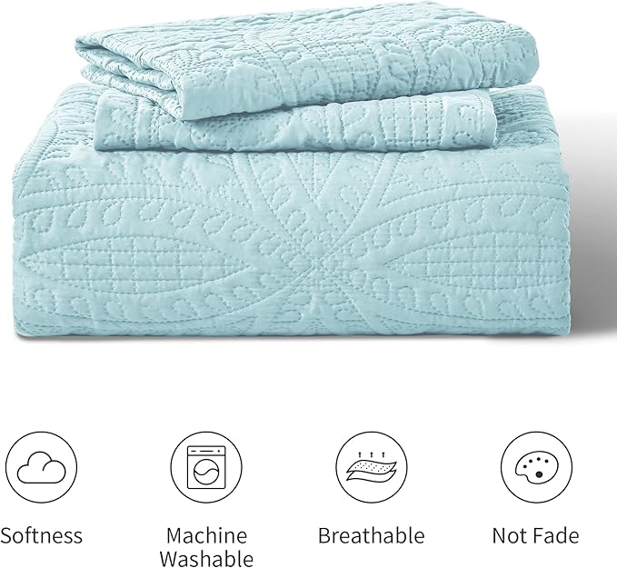 Love's cabin King Size Quilt Set Spa-Blue Bedspreads - Soft Bed Summer Lightweight Bedspread Comforter - Modern Style Coin Pattern Coverlet for All Season - 3 Pieces (1 Quilt, 2 Pillow Shams)