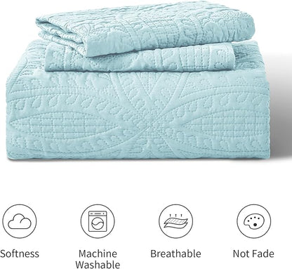 Love's cabin Quilts for Full Bed Spa-Blue Bedspreads Bedding Set - Lightweight Bedspread Comforter - Coin Pattern Bedding Coverlet for All Season - 3 Pieces (1 Quilt, 2 Pillow Shams)