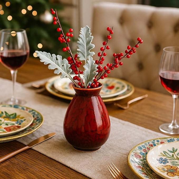 Okllen Set of 4 Ceramic Flower Vases Farmhouse Decor, Boho Decor, Red and Yellow Reactive Glazed Color Small Flower Vases, Centerpiece Table Decorations, Decorative Ceramic Vase for Home, Living Room