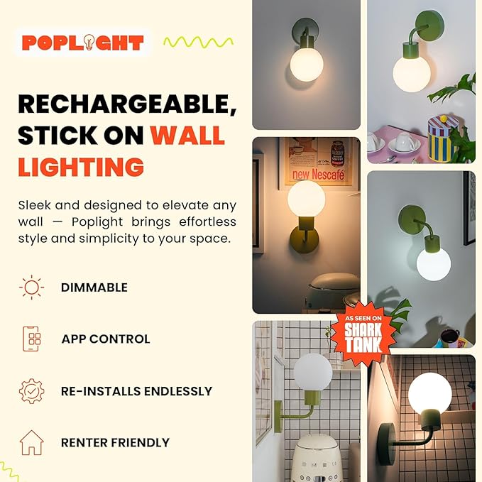 Wireless Wall Sconce (Shark Tank) Rechargeable & Dimmable LED Light w/App Control & Damage-Free Install, Moveable Modern Ambient Lighting for Elegant Home & Bedroom Decor | Sage Green