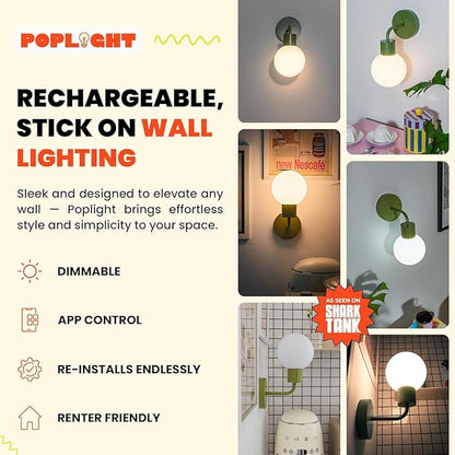 Wireless Wall Sconce (Shark Tank) Rechargeable & Dimmable LED Light w/App Control & Damage-Free Install, Moveable Modern Ambient Lighting for Elegant Home & Bedroom Decor | Sage Green