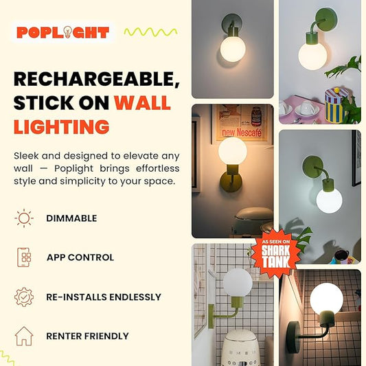 Wireless Wall Sconce (Shark Tank) Rechargeable & Dimmable LED Light w/App Control & Damage-Free Install, Moveable Modern Ambient Lighting for Elegant Home & Bedroom Decor | Sage Green