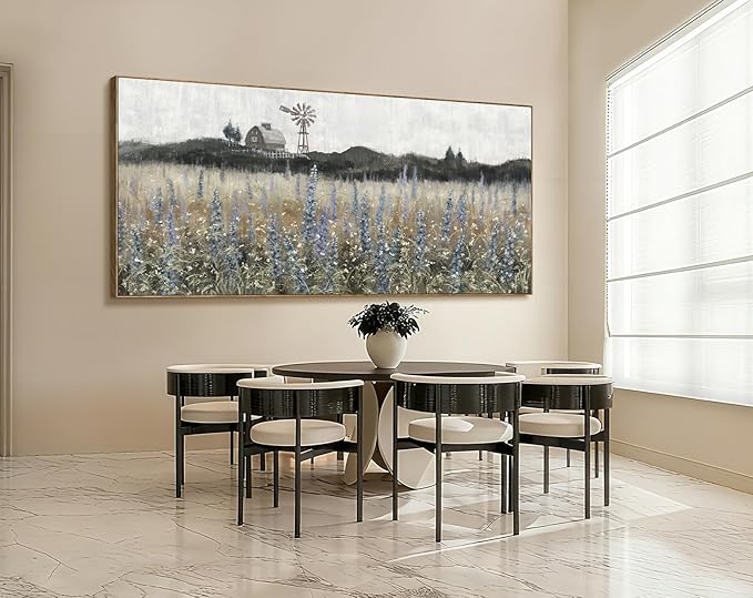 Nicetop Extra Large Vintage Framed Wall Art Nature Wilderness Lavender Flower Meadow Landscape Retro Farmhouse Windmill Barn Wildflower Canvas Print Oversized Artwork for Living Room Office 86x 39inch