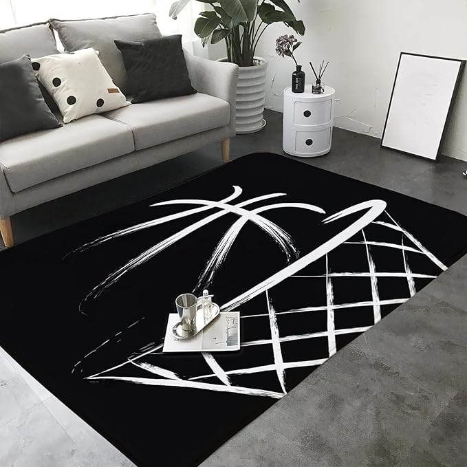 Black Basketball Hoop Area Rug, Abstract Blue Frame Dunk Non Slip Easy Care Kids Rugs, Breathable Durable Carpet for Indoor Bedroom Living Room Office Decor Rug - 3 ft x 4 ft