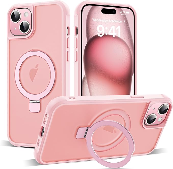 Compatible with iPhone 15 Case with Invisible Magnetic O-Ring Stand Military-Grade Translucent Case for iPhone 15 6.1" [Compatible with Mag-Safe][Great Grip Feeling], Pink