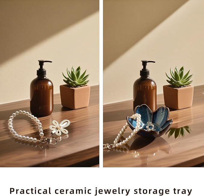 Floral Ceramic Jewelry Tray - 3.5" Elegant Ring Holder Dish & Trinket Bowl for Vanity Dresser Decor (blue)
