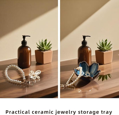 Floral Ceramic Jewelry Tray - 3.5" Elegant Ring Holder Dish & Trinket Bowl for Vanity Dresser Decor (blue)