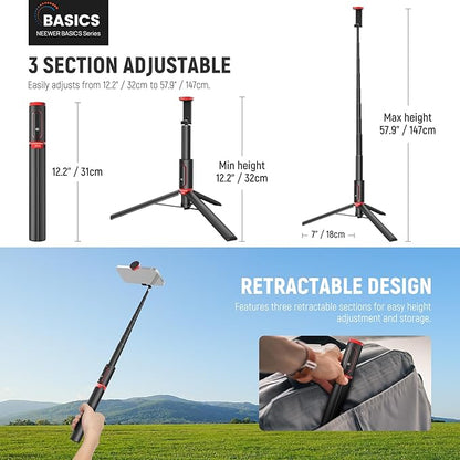 NEEWER Basics PA991 Selfie Stick Tripod Compatible with iPhone Samsung Android, 57.9 Inch Metal Portable Lightweight Travel Mobile Phone Stand with Holder & Remote Control for Video Recording