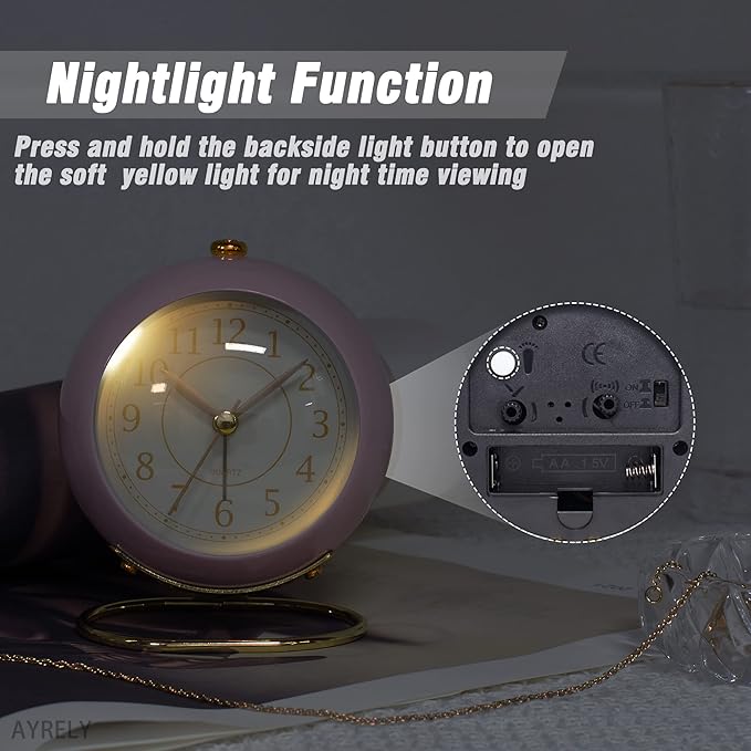 AYRELY® Battery Operated Desk Alarm Clock with Light,Silent No Ticking,Small Table Clock for Bedside/Bedroom/Living Room/Office/Travel/Kids/Room Decor Aesthetic Vintage(Pink)